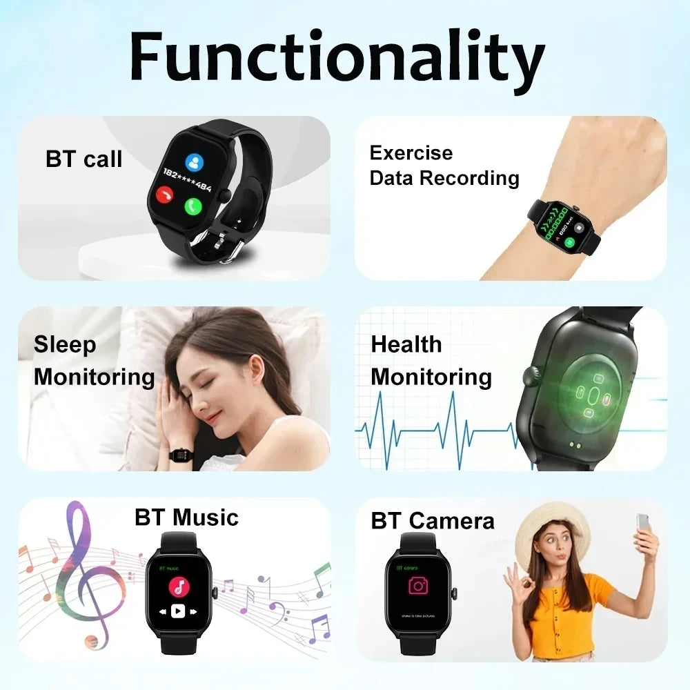 Smart Watch – 2.01" HD Touch Screen, Bluetooth Calls, Heart Rate & Fitness Tracker | Black, Silver, Pink