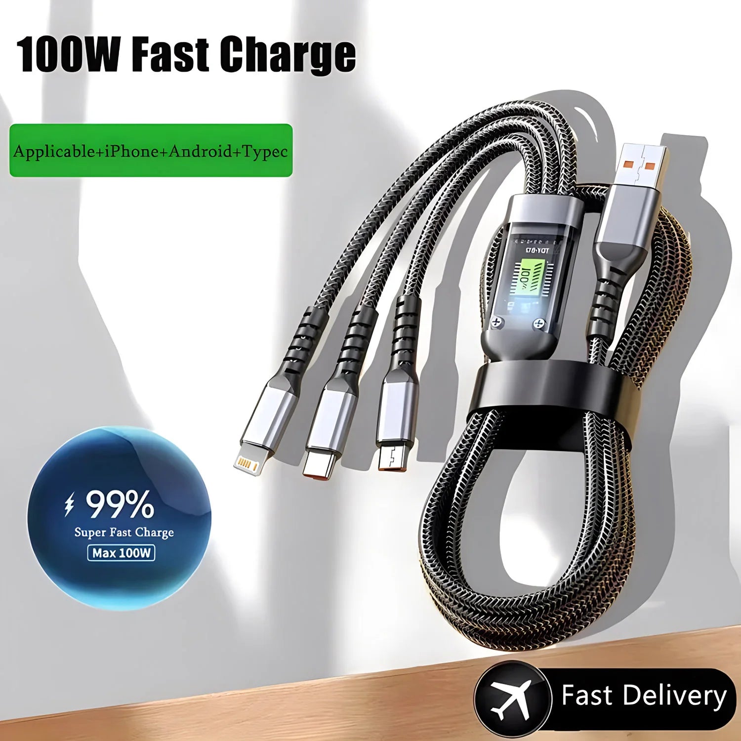 100W 3-in-1 Fast Charging Cable – USB-C, Micro USB & Lightning | Nylon Braided | NeoCharge