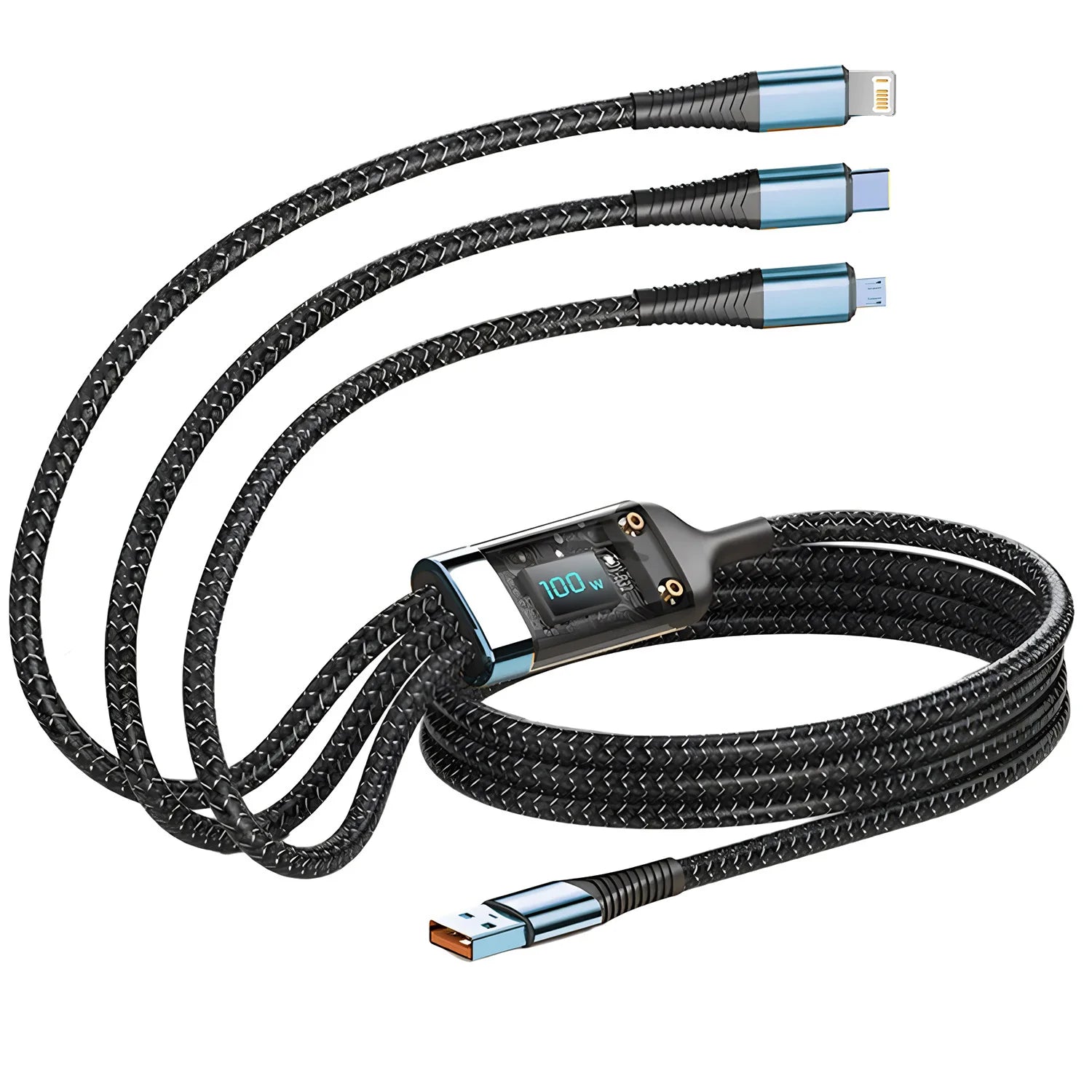 100W 3-in-1 Fast Charging Cable – USB-C, Micro USB & Lightning | Nylon Braided | NeoCharge