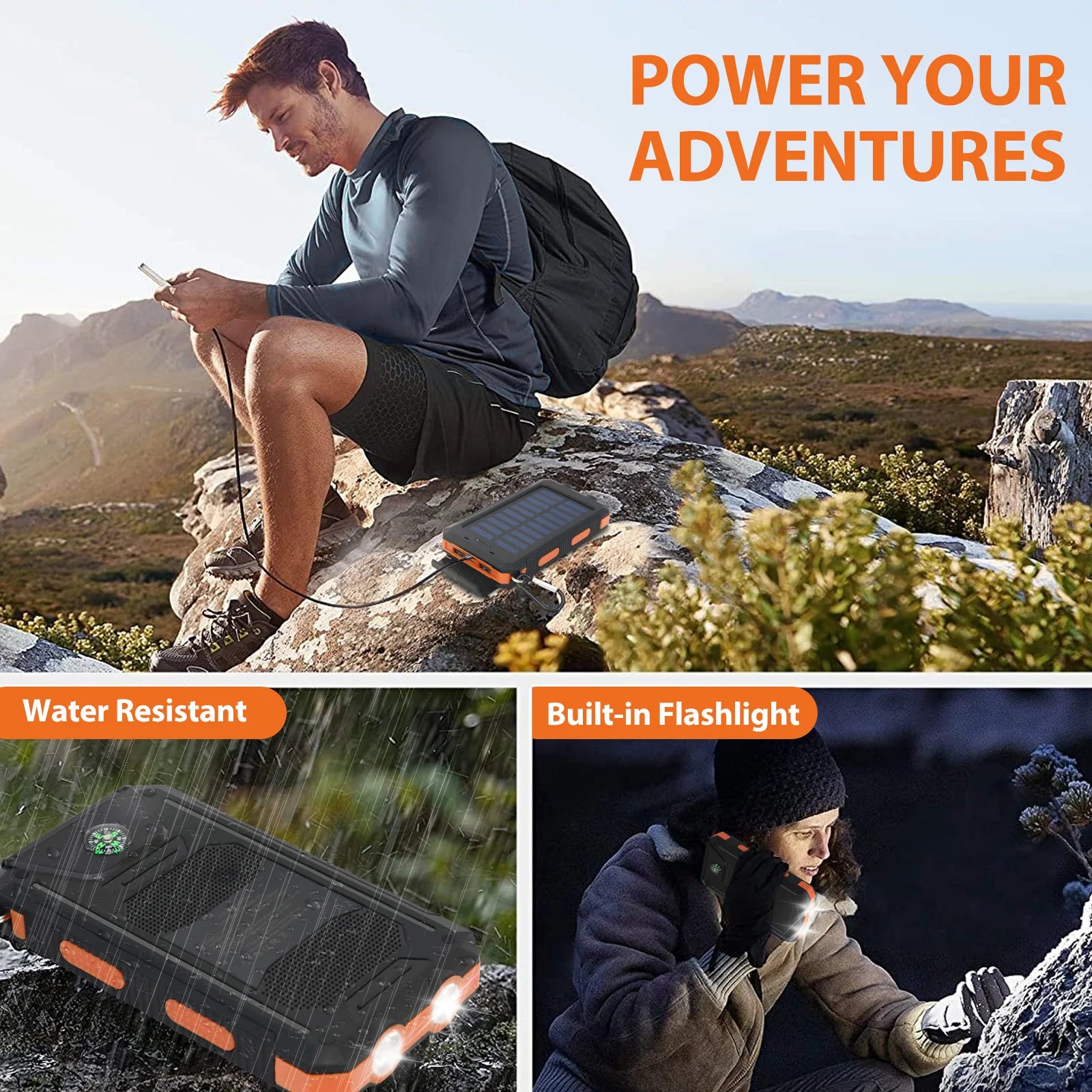 20000mAh Solar Power Bank – Waterproof, Dual USB, LED Flashlight & Compass | NeoCharge