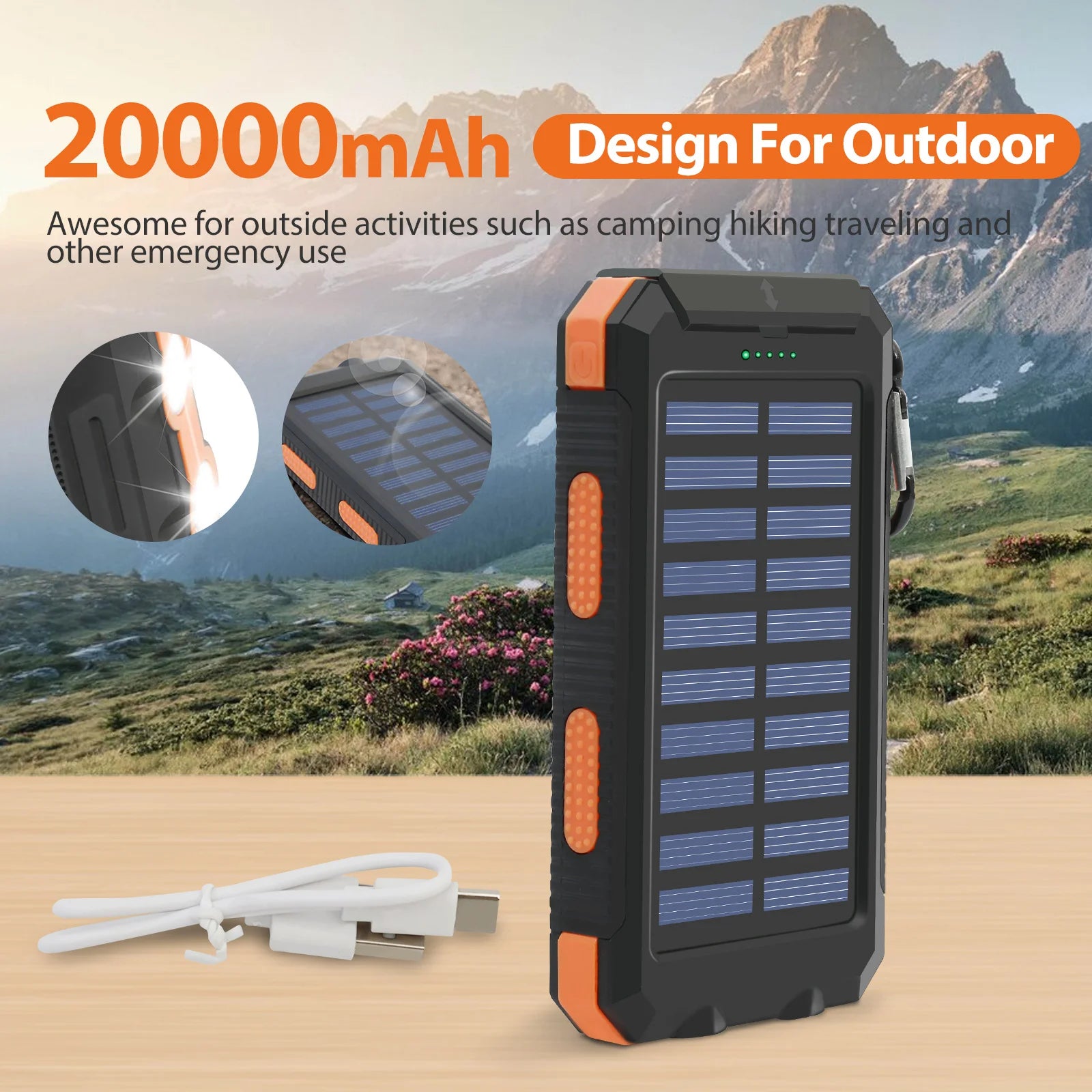 20000mAh Solar Power Bank – Waterproof, Dual USB, LED Flashlight & Compass | NeoCharge